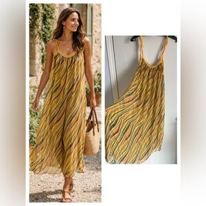 Dina Zanelli Silk Blend Dress Size L Mustard Stripe Sheer Vintage Feminine
